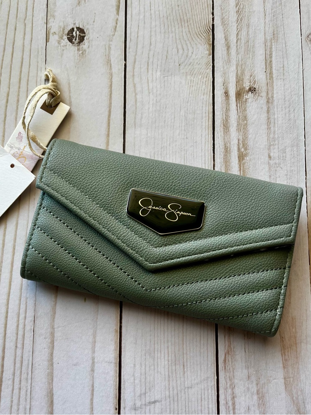 Jessica Simpson Green Quilted Envelope Wallet with Gold Logo Plaque